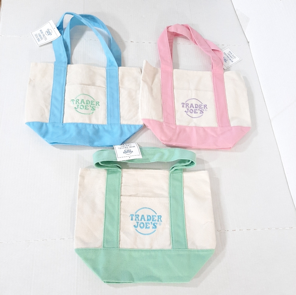 Trader Joe's Pastel Mini Canvas Tote Bags LIMITED EDITION Set of 3 NWT